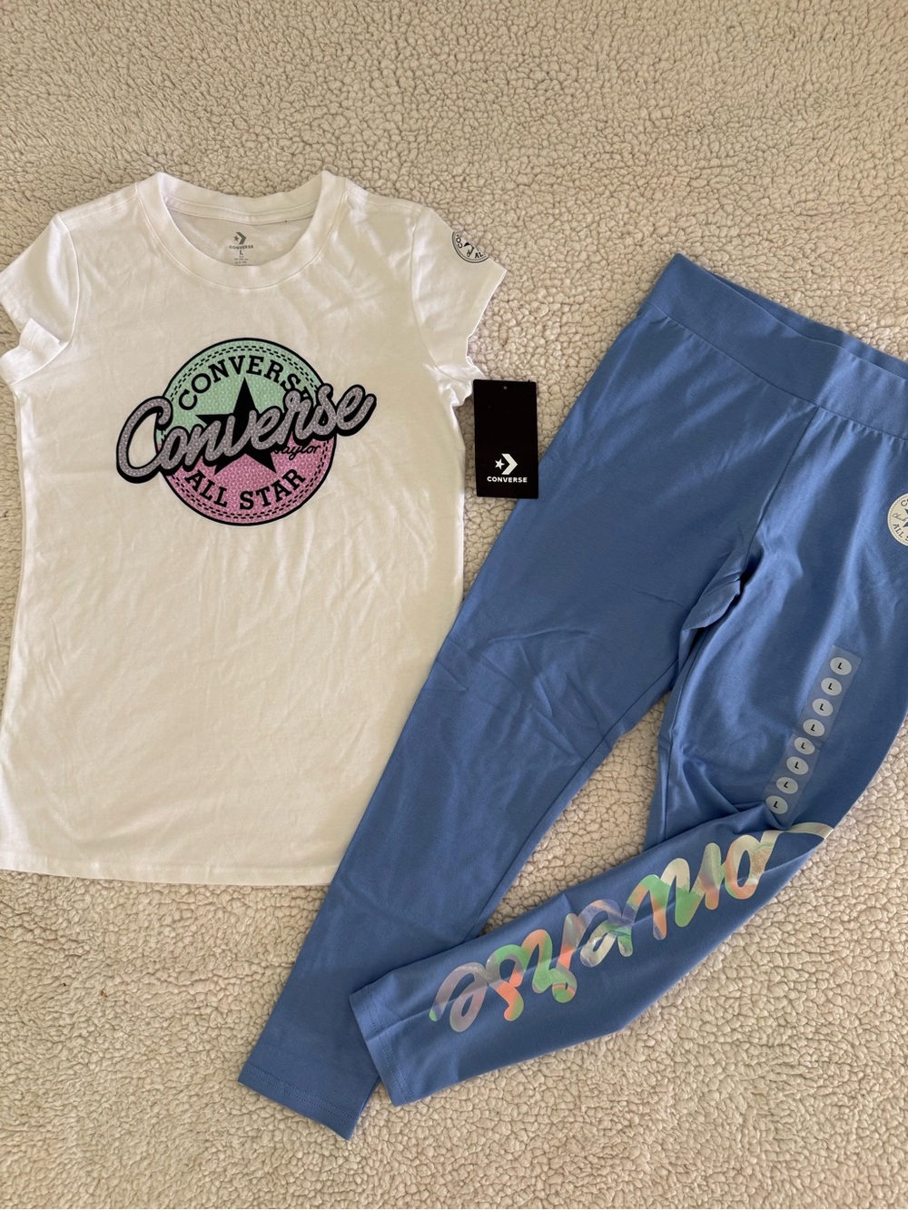 New girls Sz L 12–14 Converse White Tee with Blue Logo & Blue Leggings